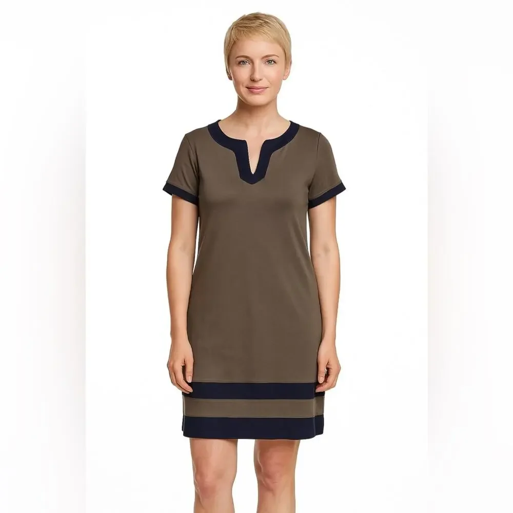 Tommy Hilfiger Womens Contrast Trim Shift Dress Taupe Navy Size Large